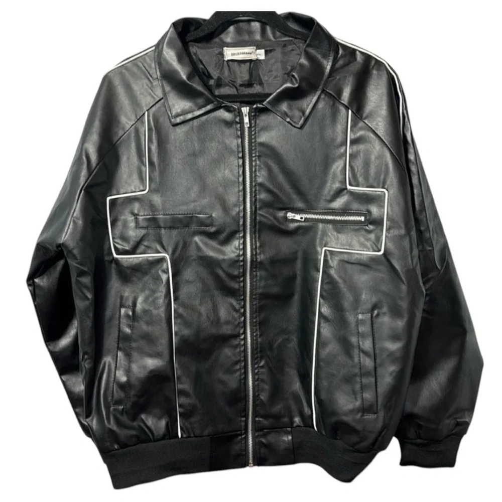 Jiechaofang Black with White Piping Faux Leather Jacket in Size‎ XL